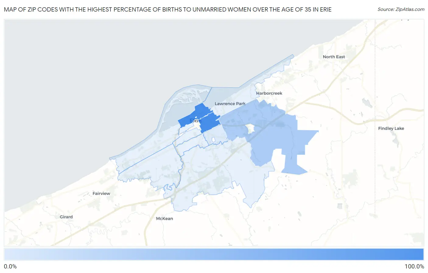 Zip Codes with the Highest Percentage of Births to Unmarried Women over the Age of 35 in Erie Map