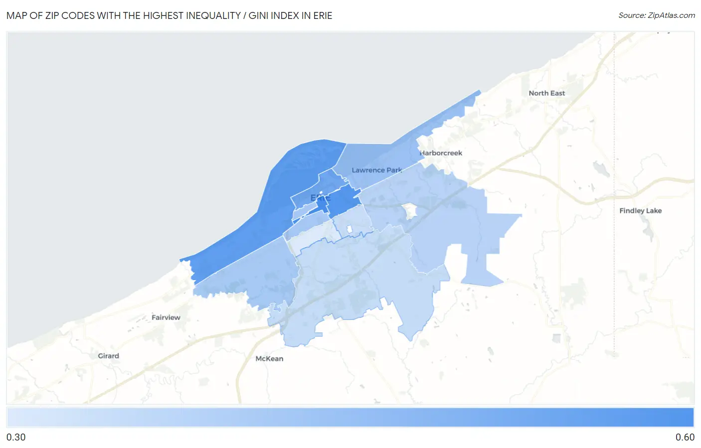 Zip Codes with the Highest Inequality / Gini Index in Erie Map