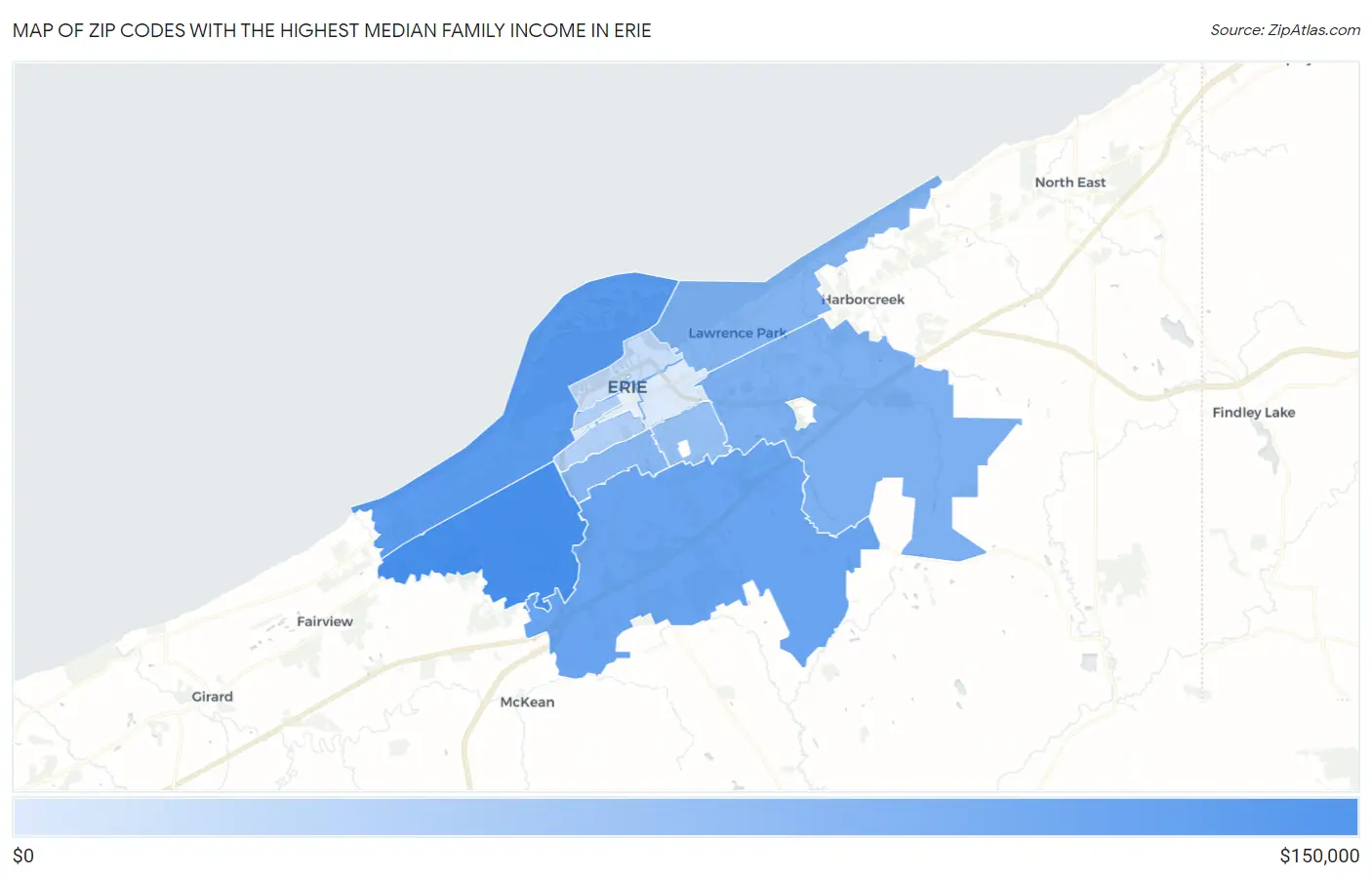 Zip Codes with the Highest Median Family Income in Erie Map