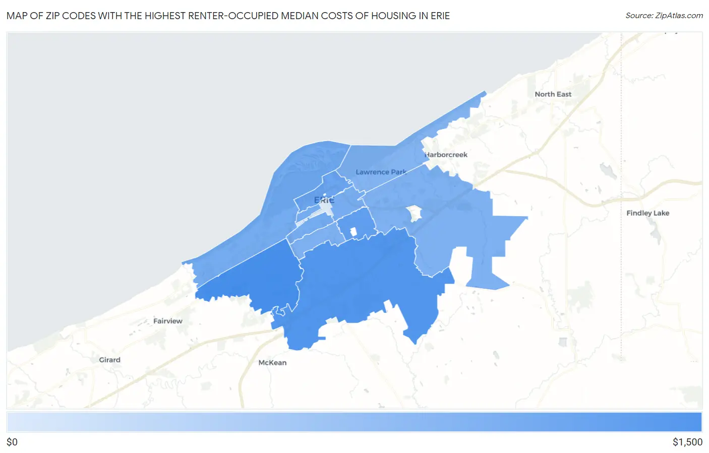 Zip Codes with the Highest Renter-Occupied Median Costs of Housing in Erie Map