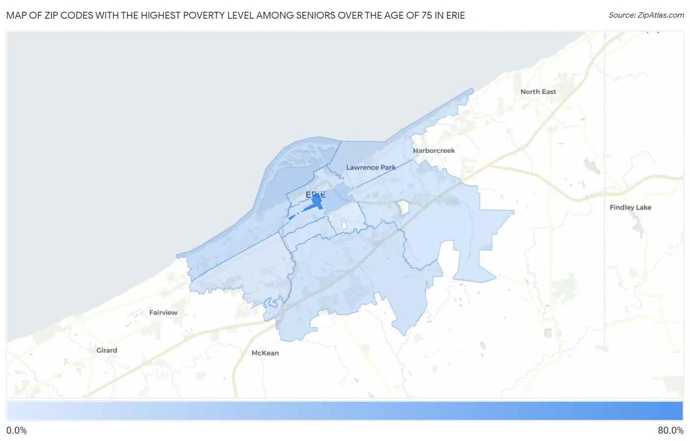 Zip Codes with the Highest Poverty Level Among Seniors Over the Age of 75 in Erie Map
