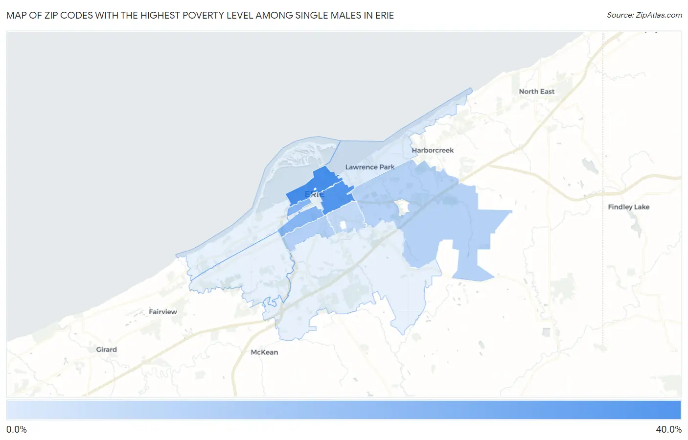 Zip Codes with the Highest Poverty Level Among Single Males in Erie Map