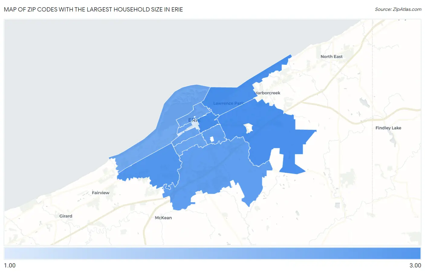 Zip Codes with the Largest Household Size in Erie Map