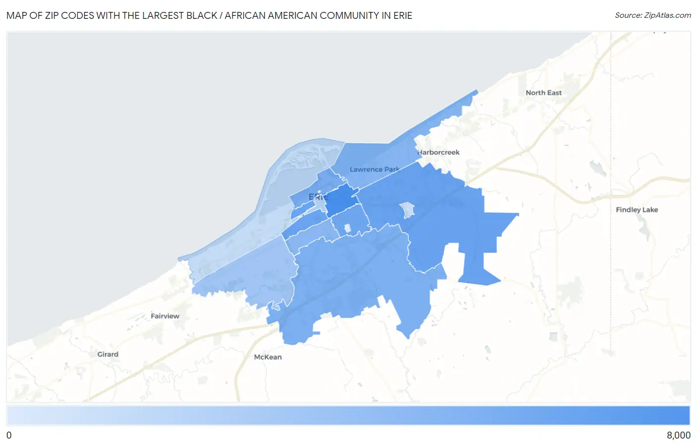 Zip Codes with the Largest Black / African American Community in Erie Map