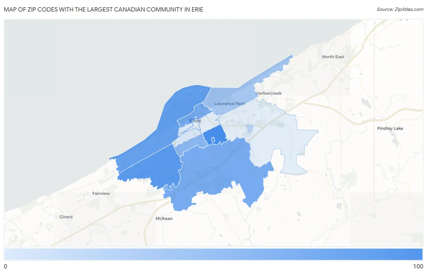 Zip Codes with the Largest Canadian Community in Erie Map