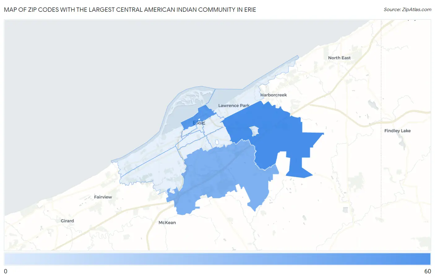 Zip Codes with the Largest Central American Indian Community in Erie Map
