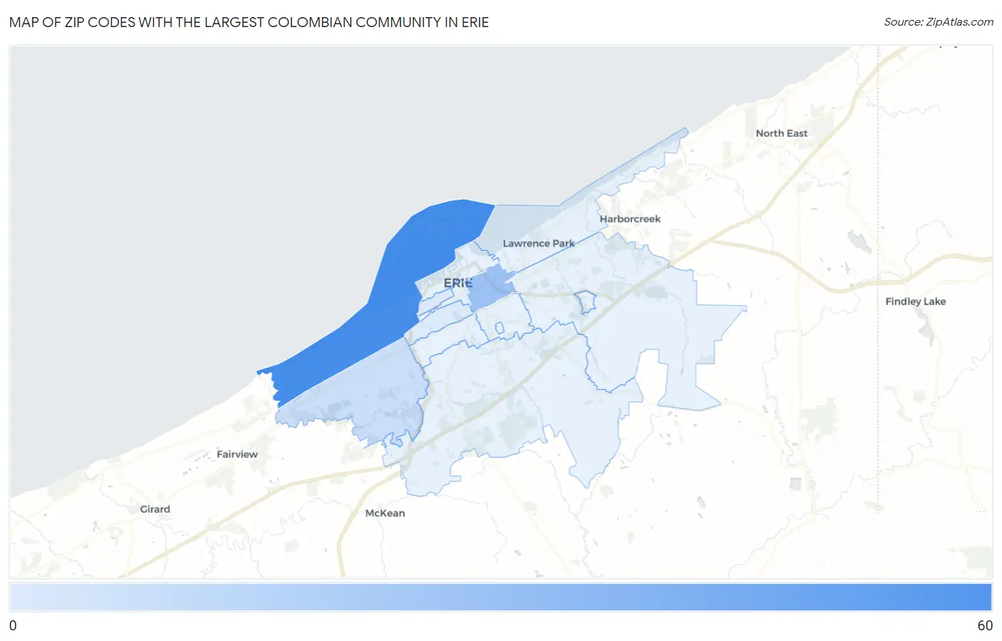 Zip Codes with the Largest Colombian Community in Erie Map
