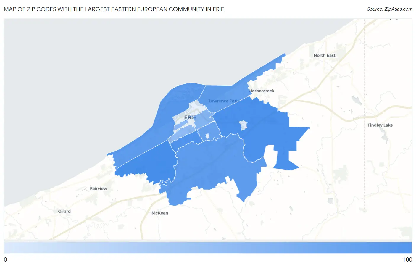 Zip Codes with the Largest Eastern European Community in Erie Map