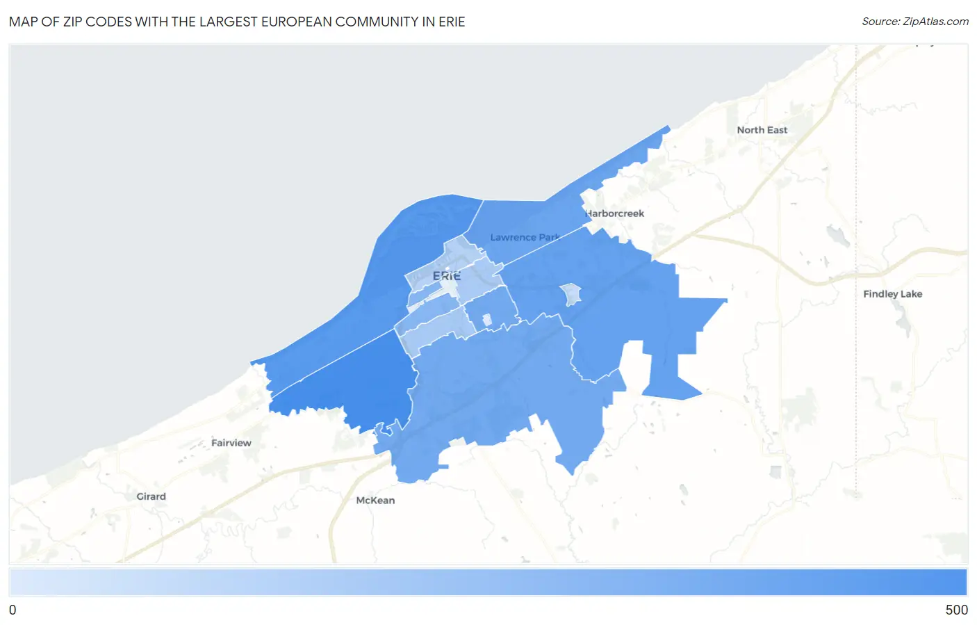 Zip Codes with the Largest European Community in Erie Map