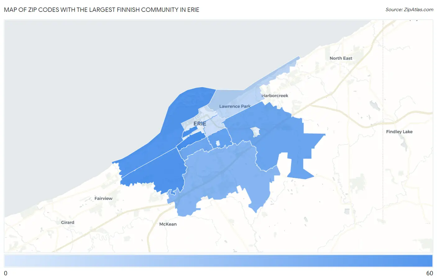 Zip Codes with the Largest Finnish Community in Erie Map