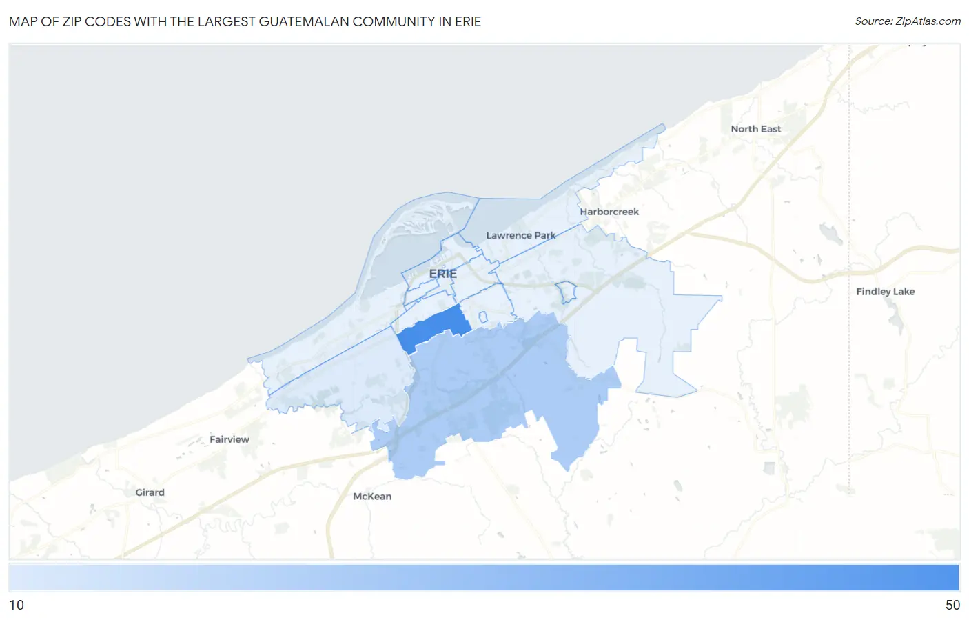 Zip Codes with the Largest Guatemalan Community in Erie Map