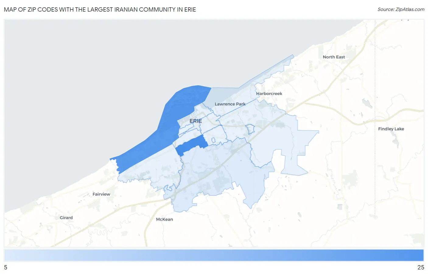 Zip Codes with the Largest Iranian Community in Erie Map