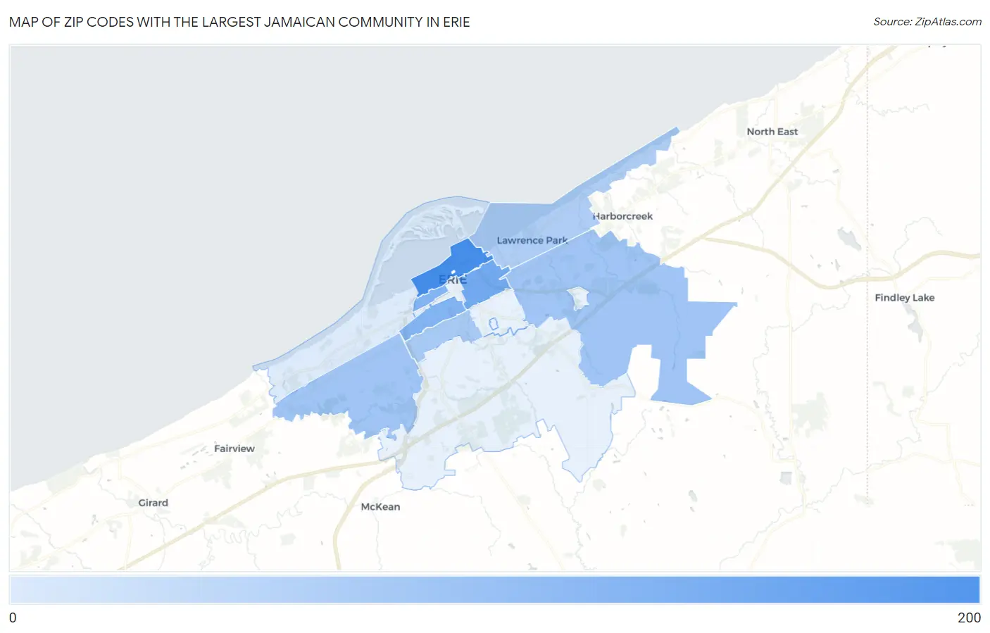 Zip Codes with the Largest Jamaican Community in Erie Map