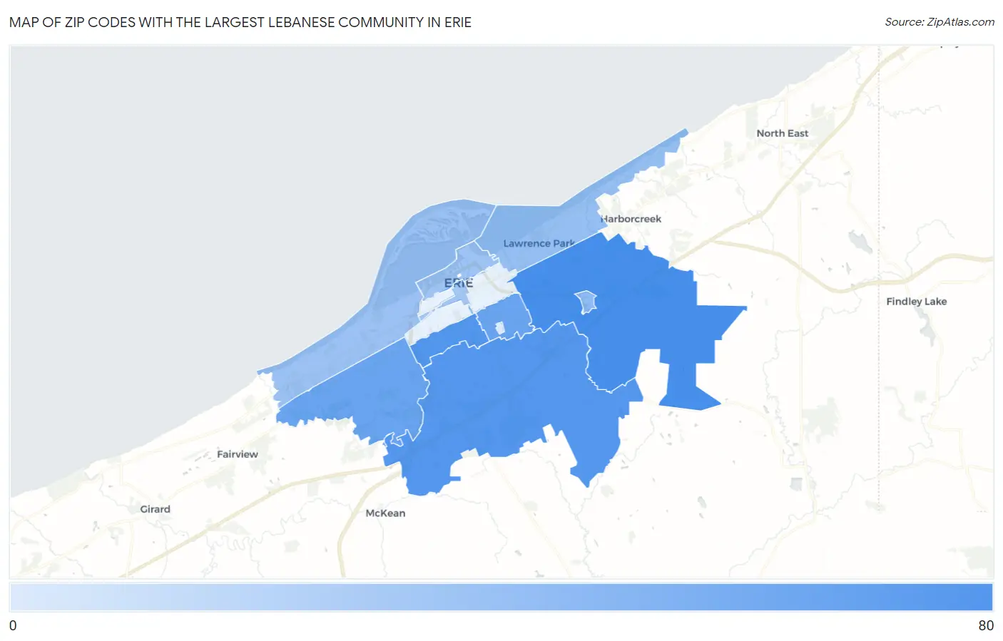 Zip Codes with the Largest Lebanese Community in Erie Map