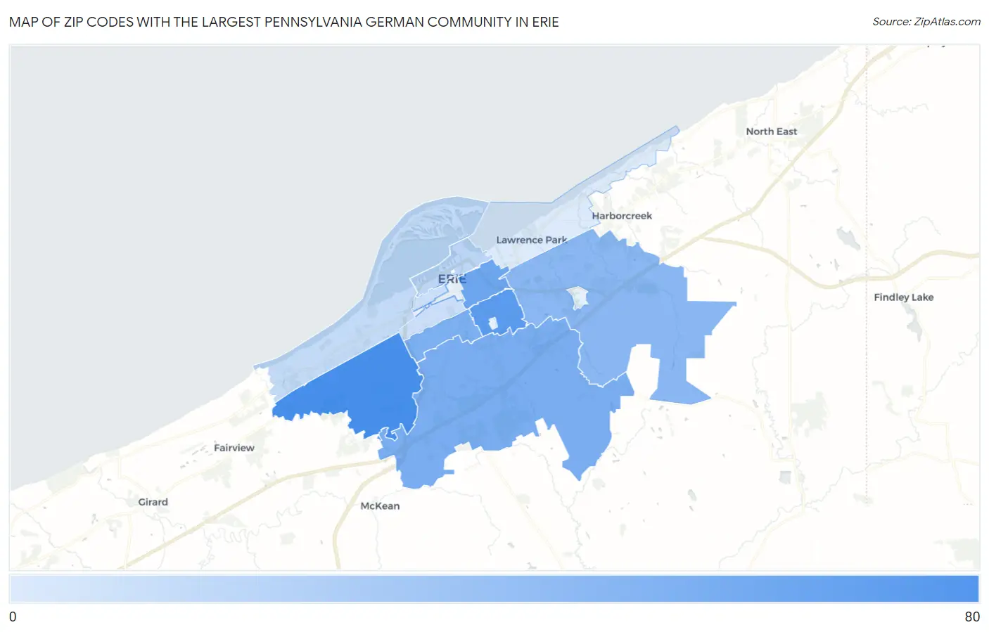 Zip Codes with the Largest Pennsylvania German Community in Erie Map
