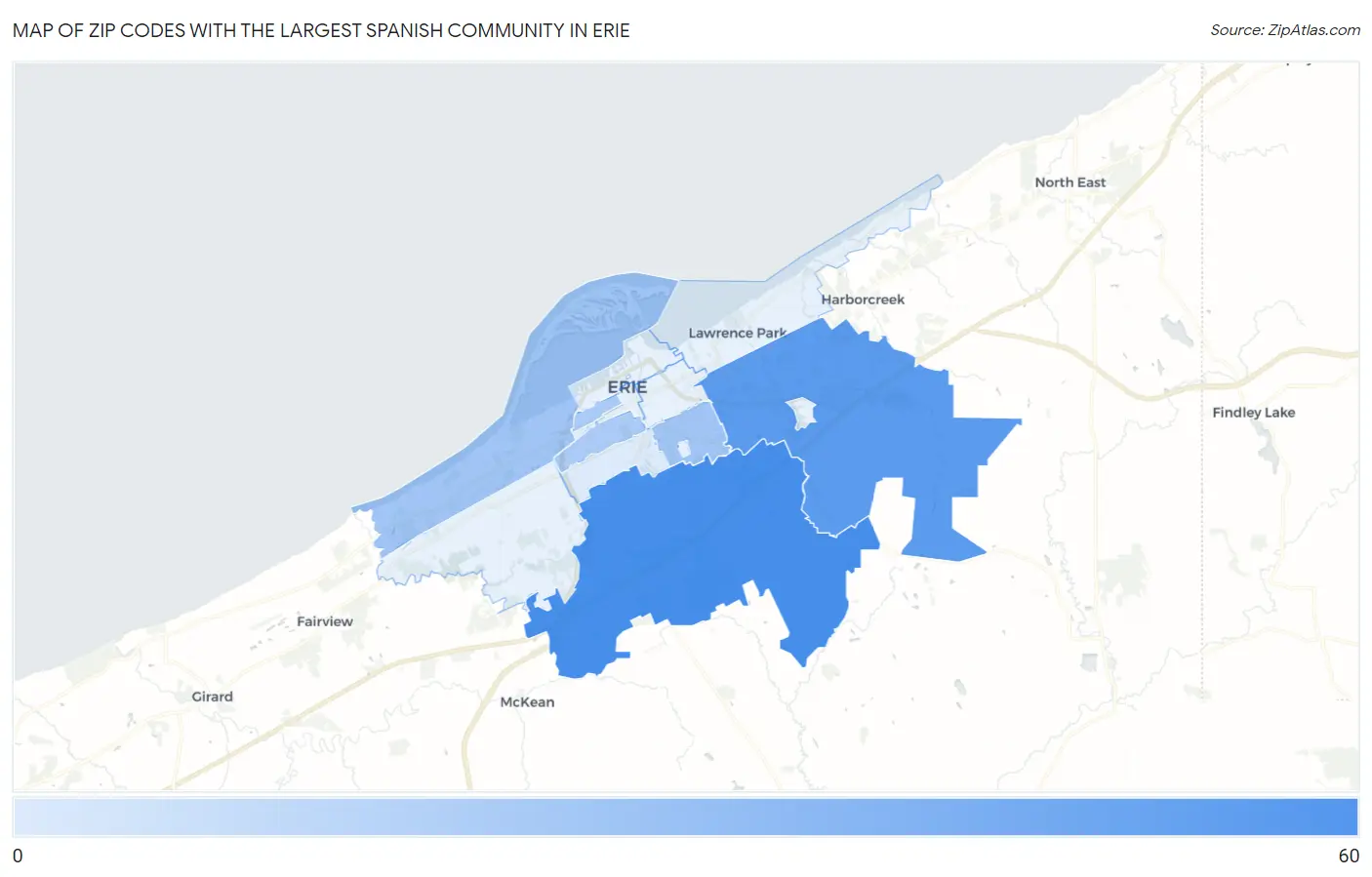 Zip Codes with the Largest Spanish Community in Erie Map