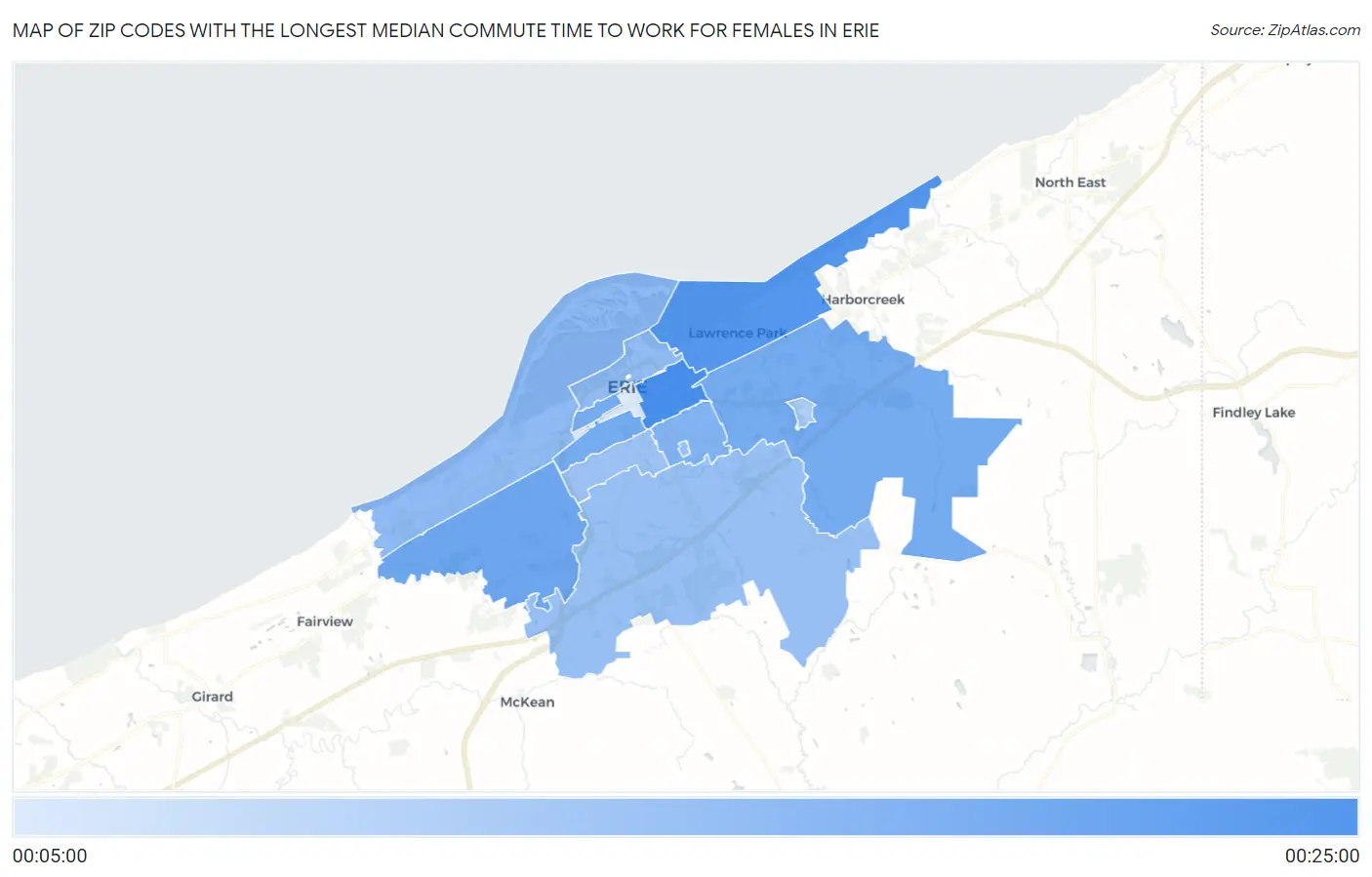 Zip Codes with the Longest Median Commute Time to Work for Females in Erie Map
