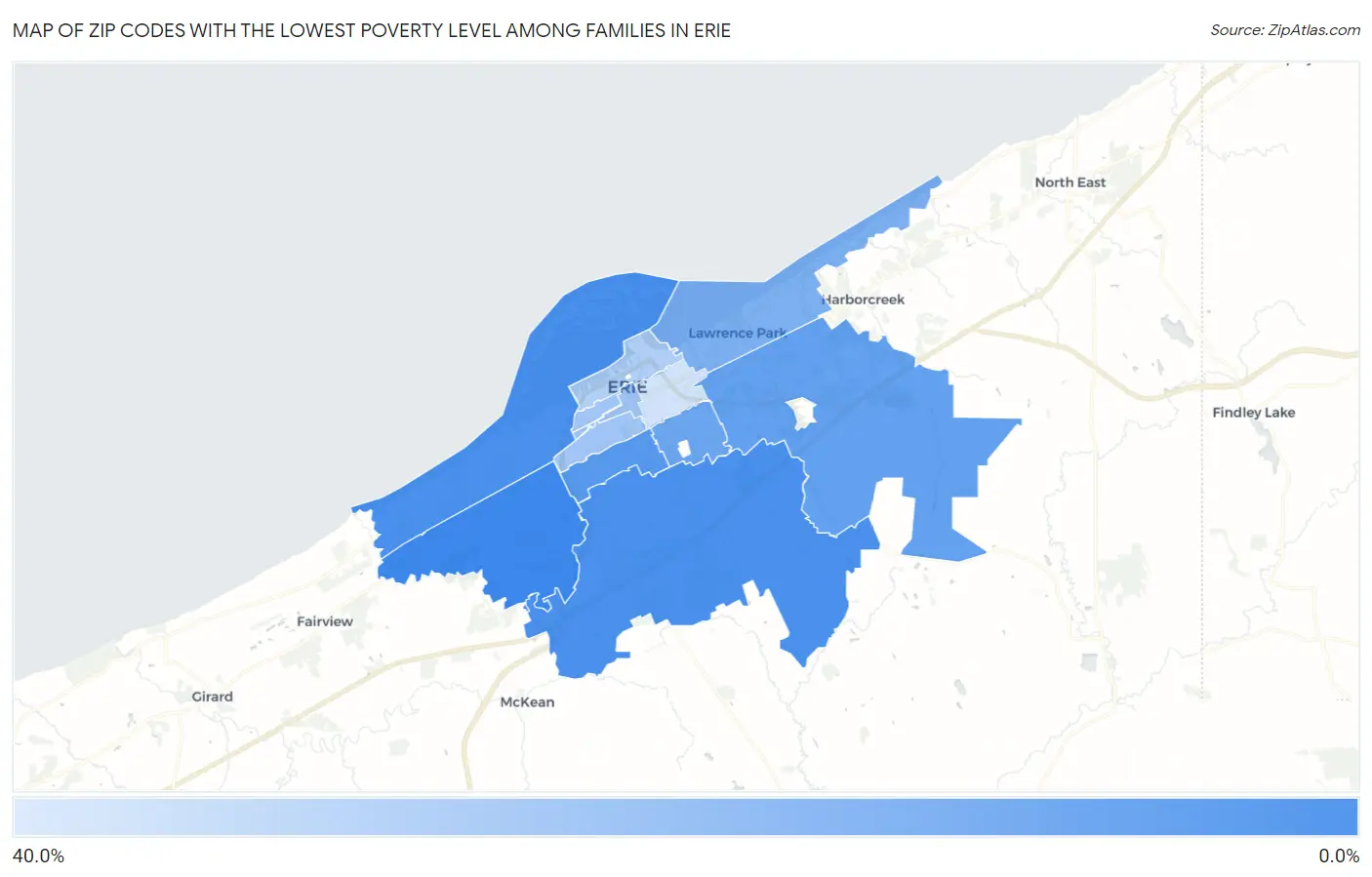 Zip Codes with the Lowest Poverty Level Among Families in Erie Map