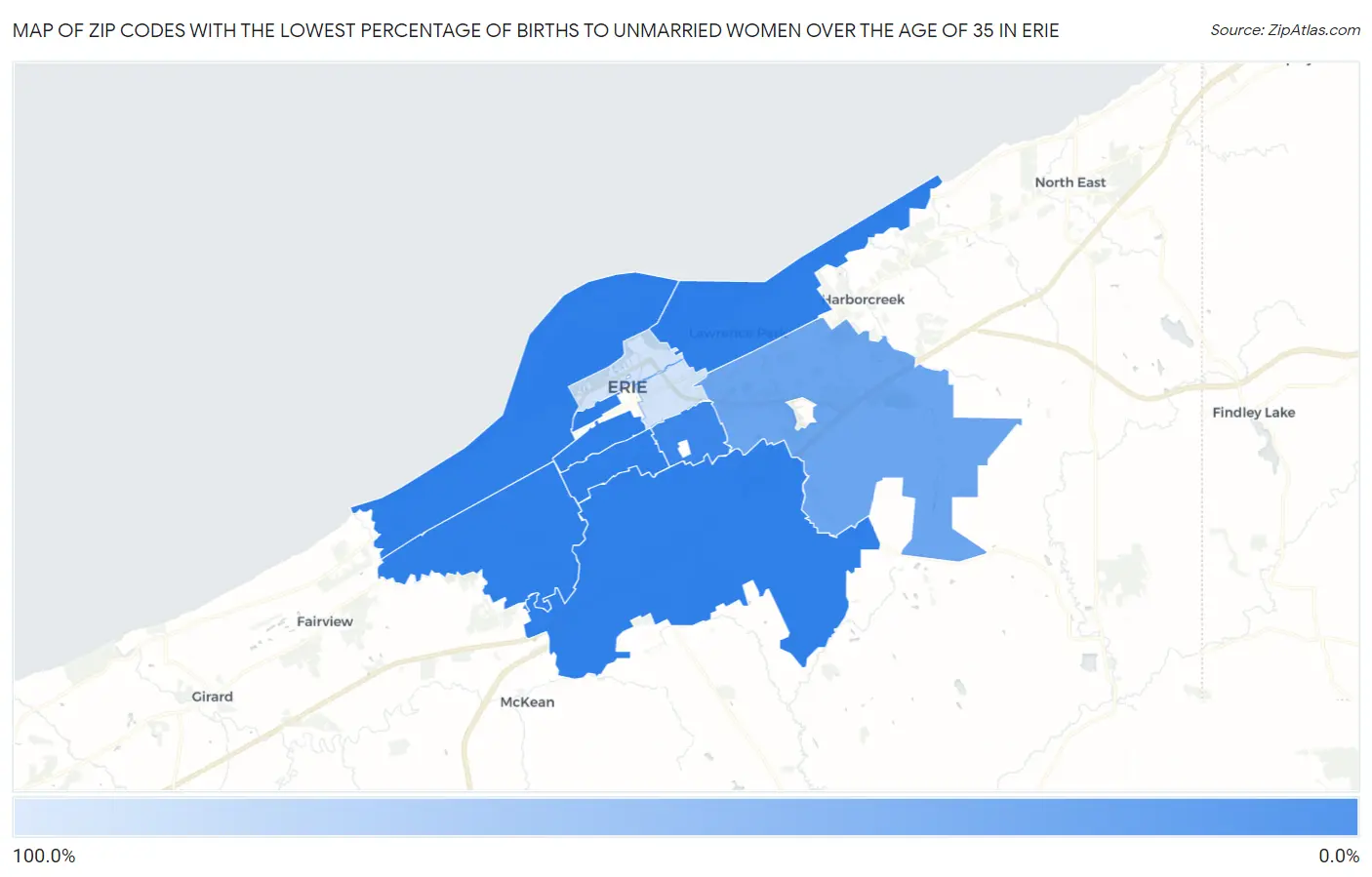 Zip Codes with the Lowest Percentage of Births to Unmarried Women over the Age of 35 in Erie Map