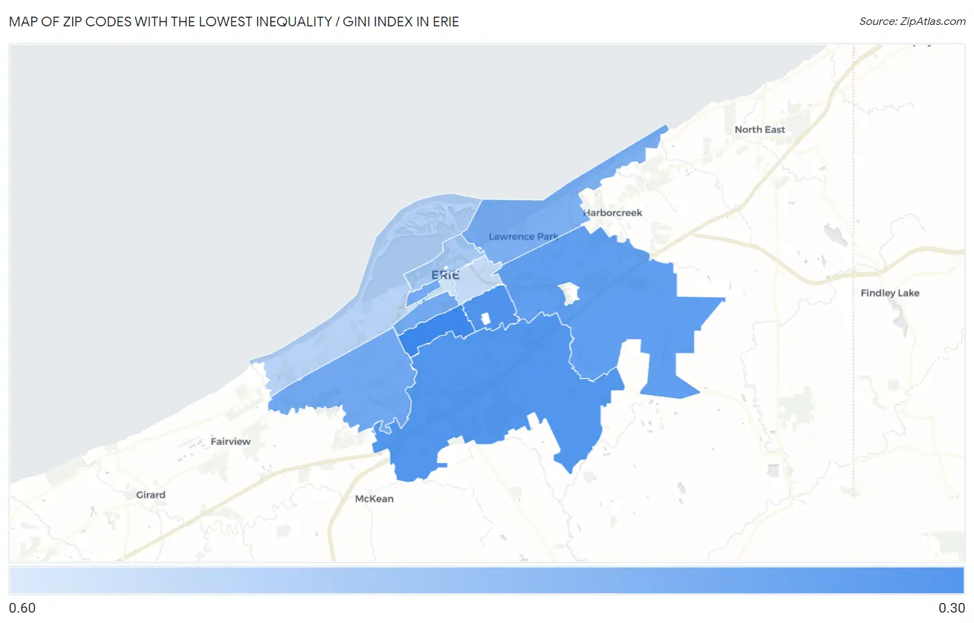 Zip Codes with the Lowest Inequality / Gini Index in Erie Map