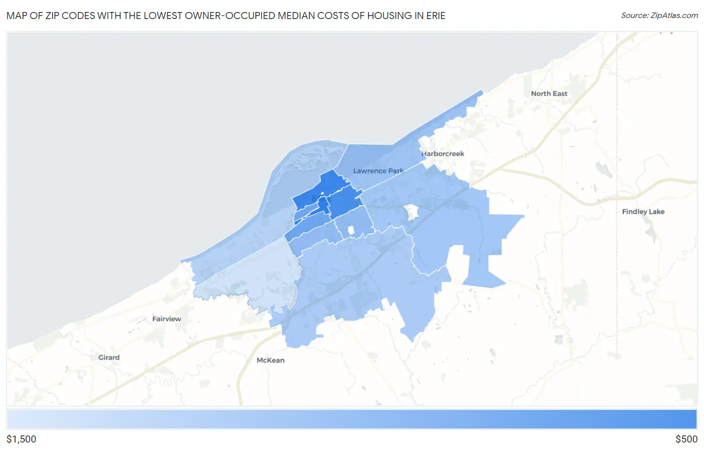 Zip Codes with the Lowest Owner-Occupied Median Costs of Housing in Erie Map