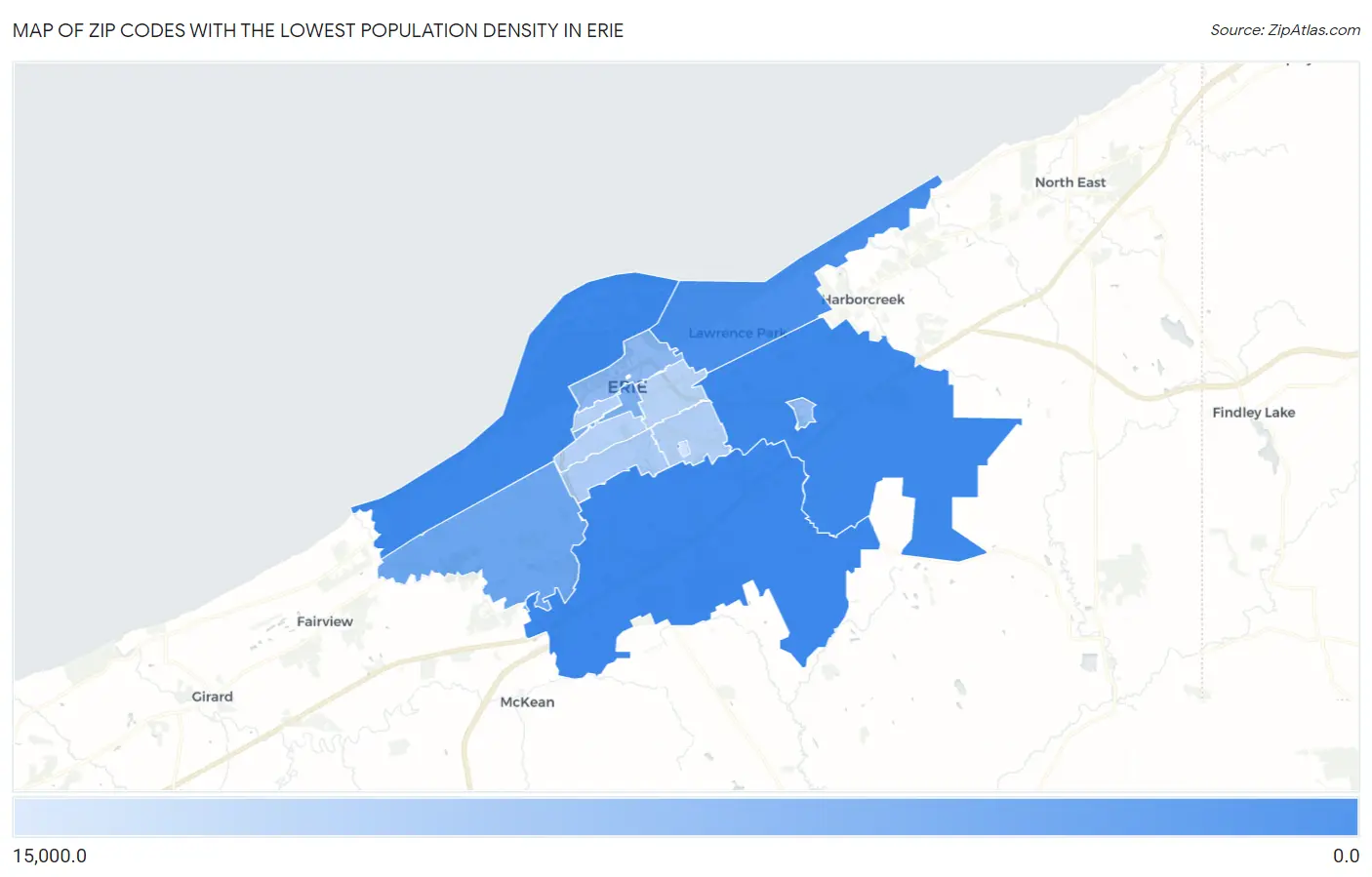 Zip Codes with the Lowest Population Density in Erie Map