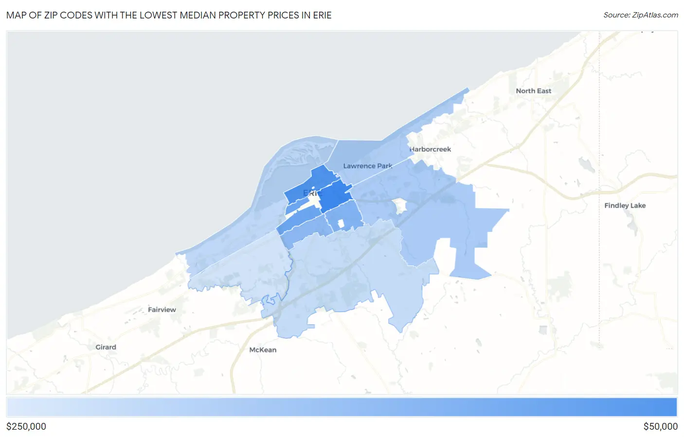 Zip Codes with the Lowest Median Property Prices in Erie Map