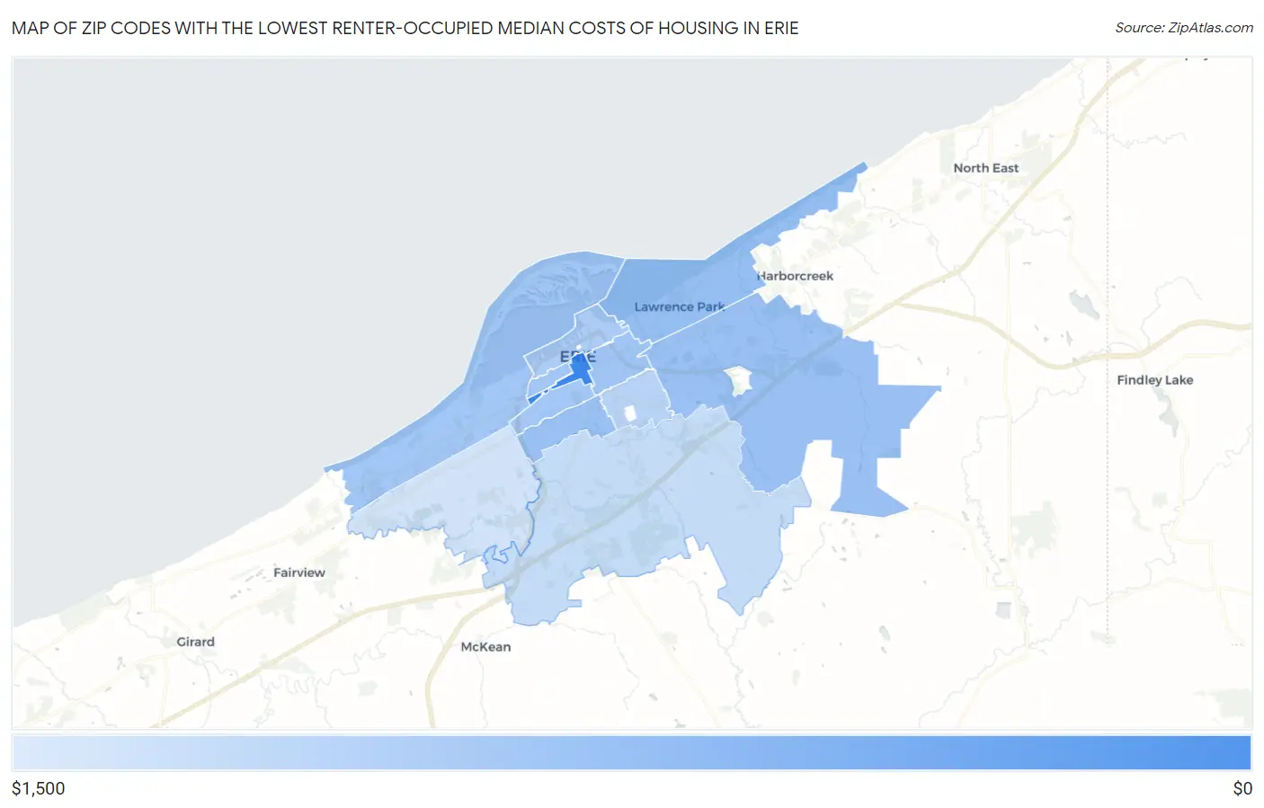 Zip Codes with the Lowest Renter-Occupied Median Costs of Housing in Erie Map