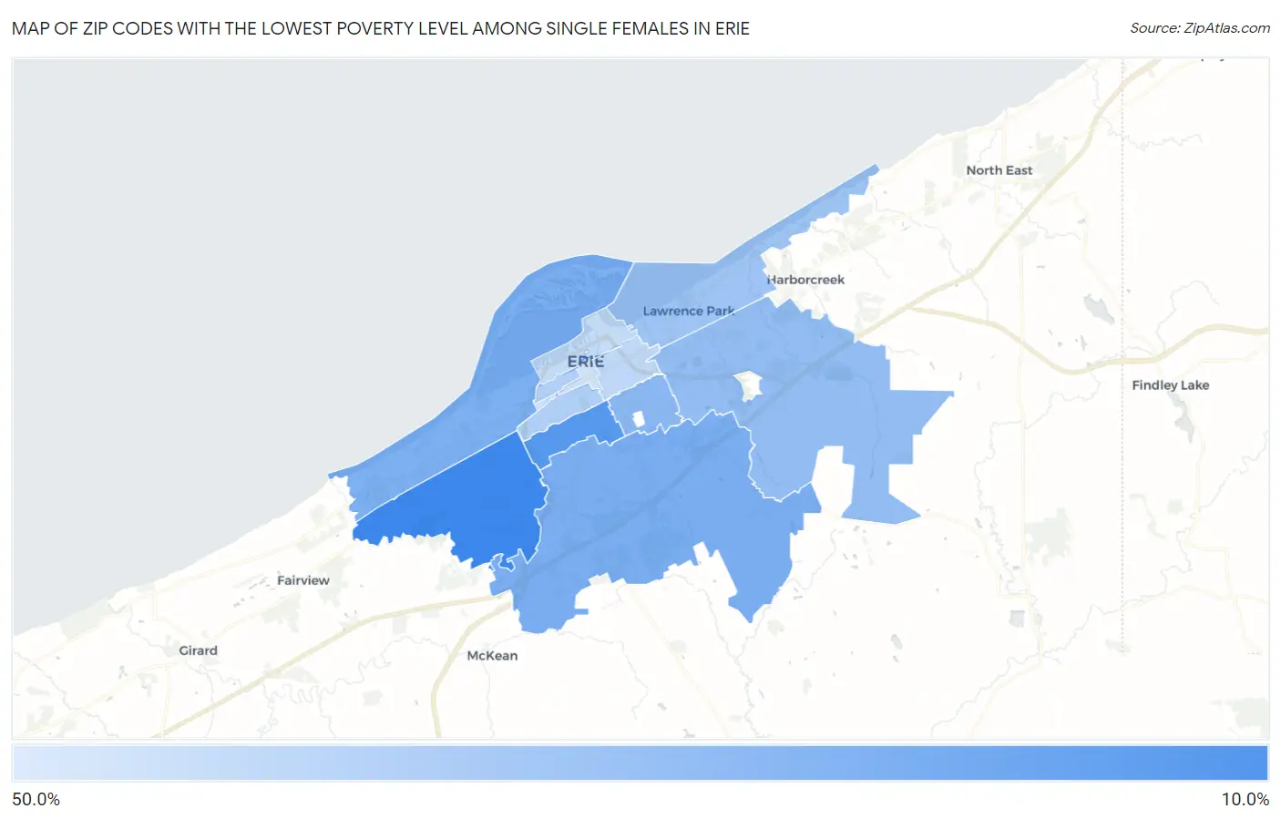 Zip Codes with the Lowest Poverty Level Among Single Females in Erie Map