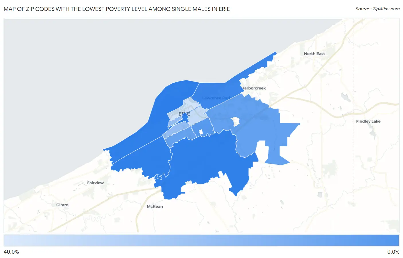 Zip Codes with the Lowest Poverty Level Among Single Males in Erie Map