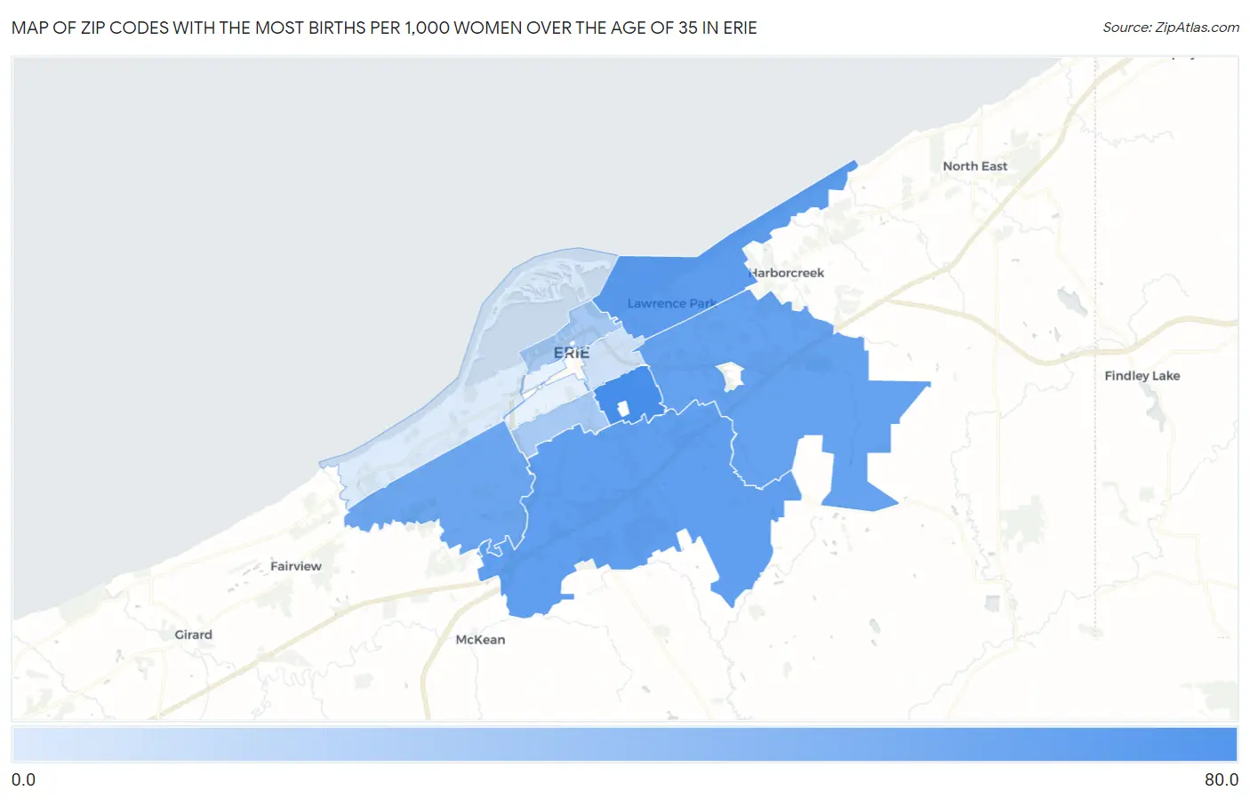 Zip Codes with the Most Births per 1,000 Women Over the Age of 35 in Erie Map