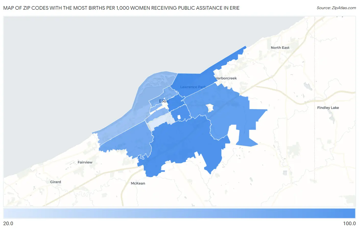 Zip Codes with the Most Births per 1,000 Women Receiving Public Assitance in Erie Map