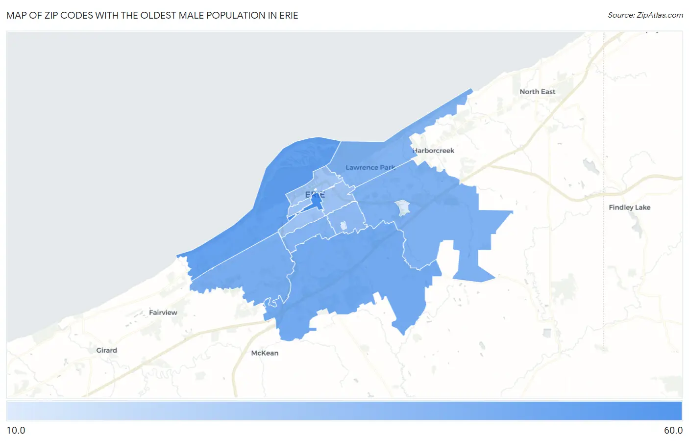 Zip Codes with the Oldest Male Population in Erie Map