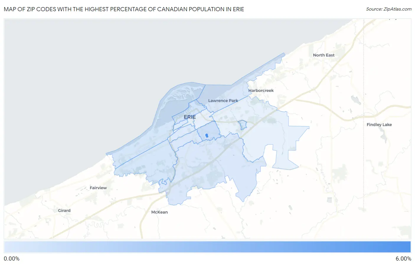 Zip Codes with the Highest Percentage of Canadian Population in Erie Map