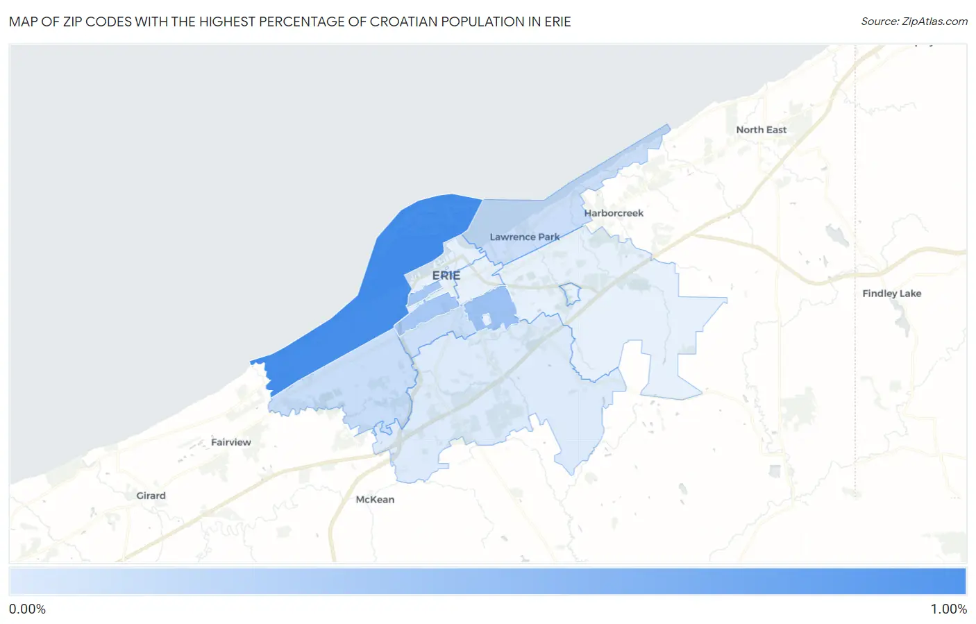 Zip Codes with the Highest Percentage of Croatian Population in Erie Map