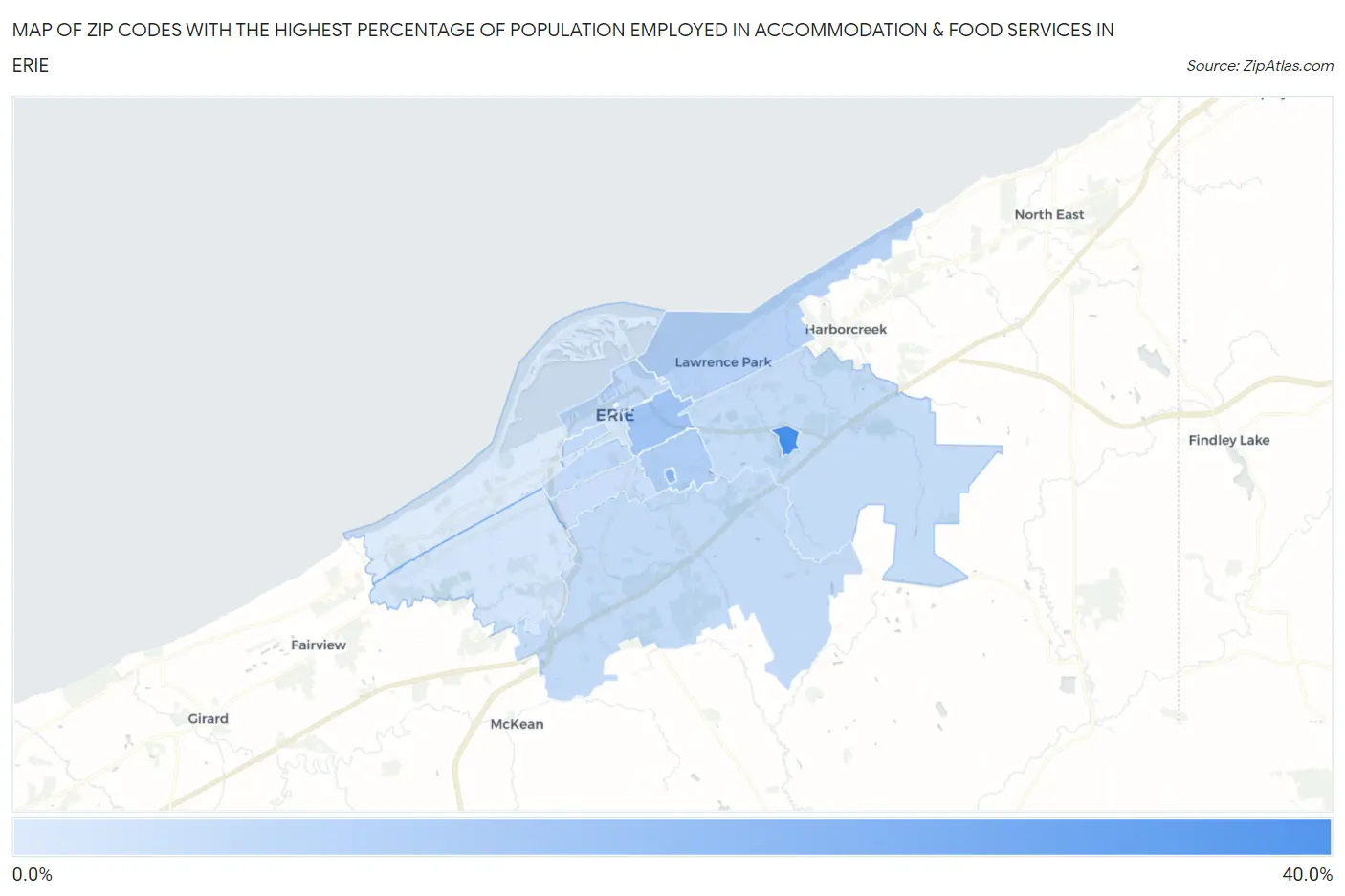 Zip Codes with the Highest Percentage of Population Employed in Accommodation & Food Services in Erie Map
