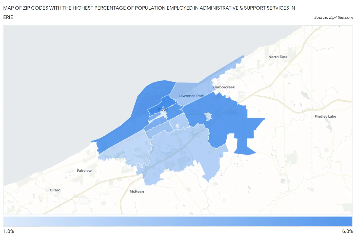 Zip Codes with the Highest Percentage of Population Employed in Administrative & Support Services in Erie Map