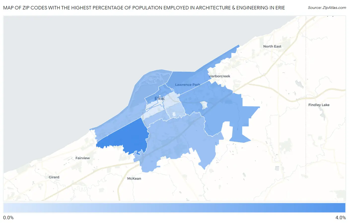 Zip Codes with the Highest Percentage of Population Employed in Architecture & Engineering in Erie Map