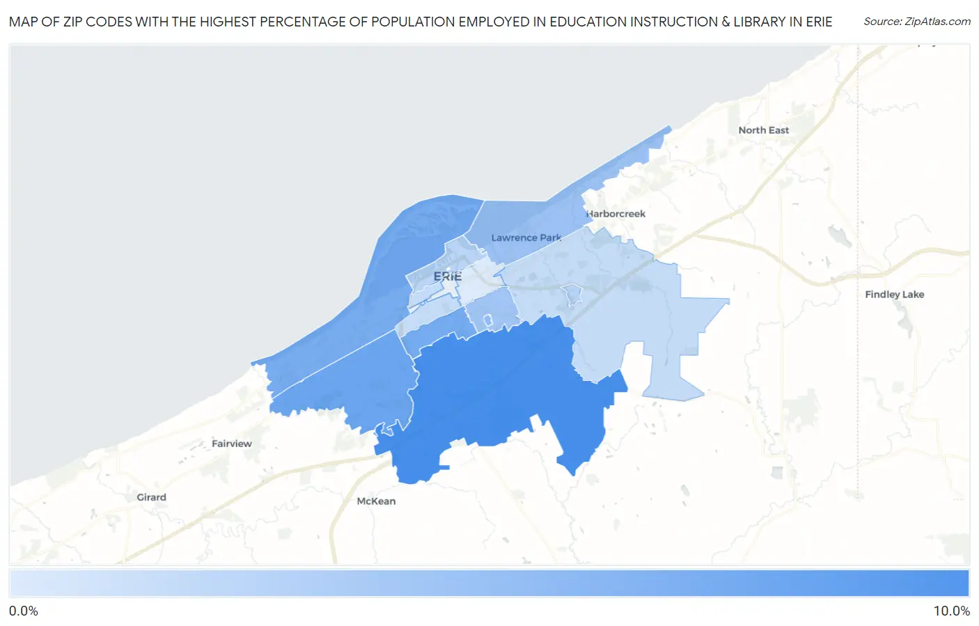 Zip Codes with the Highest Percentage of Population Employed in Education Instruction & Library in Erie Map