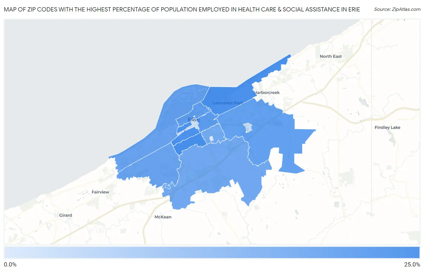 Zip Codes with the Highest Percentage of Population Employed in Health Care & Social Assistance in Erie Map