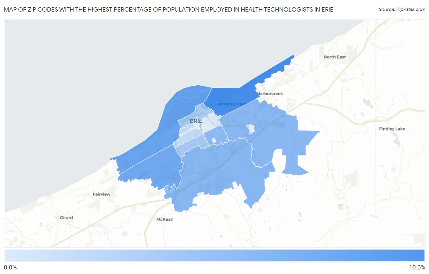 Zip Codes with the Highest Percentage of Population Employed in Health Technologists in Erie Map