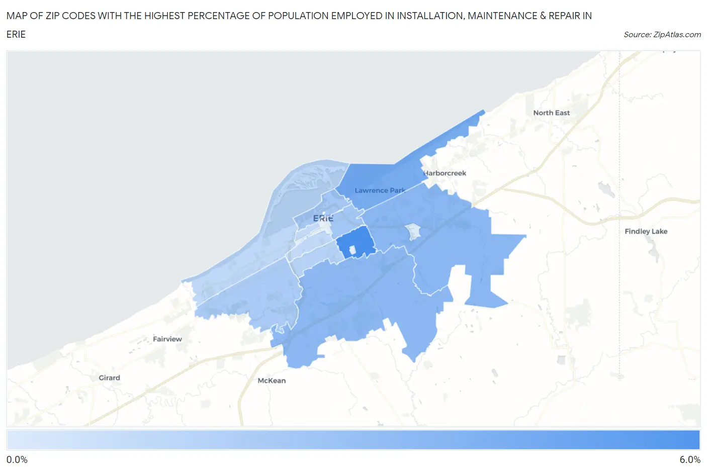 Zip Codes with the Highest Percentage of Population Employed in Installation, Maintenance & Repair in Erie Map