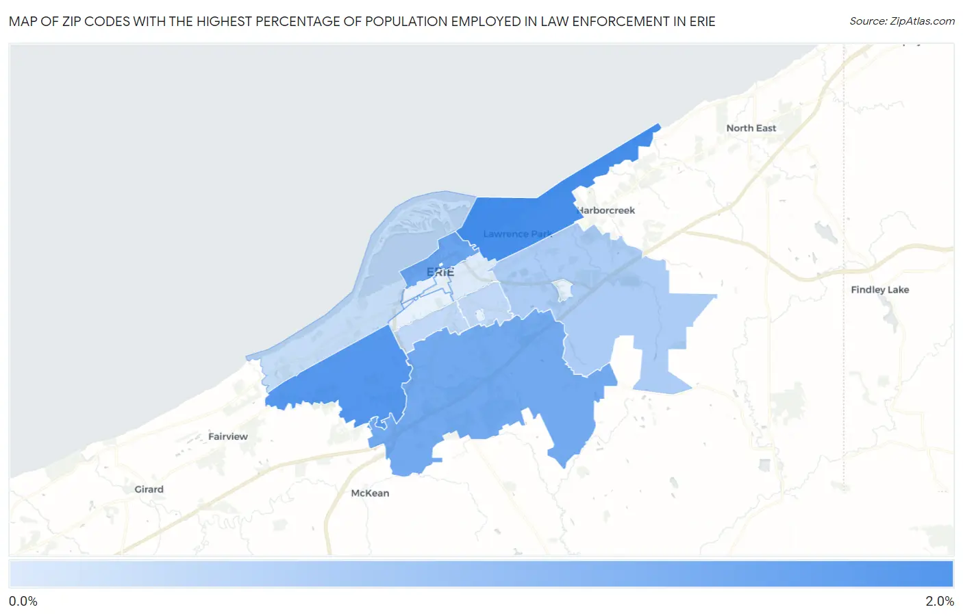 Zip Codes with the Highest Percentage of Population Employed in Law Enforcement in Erie Map