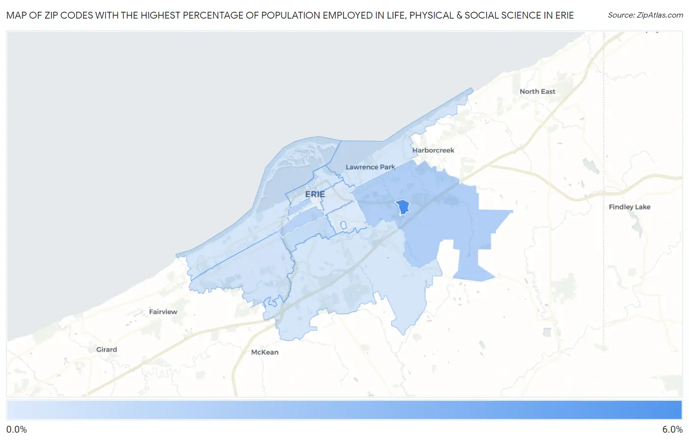 Zip Codes with the Highest Percentage of Population Employed in Life, Physical & Social Science in Erie Map