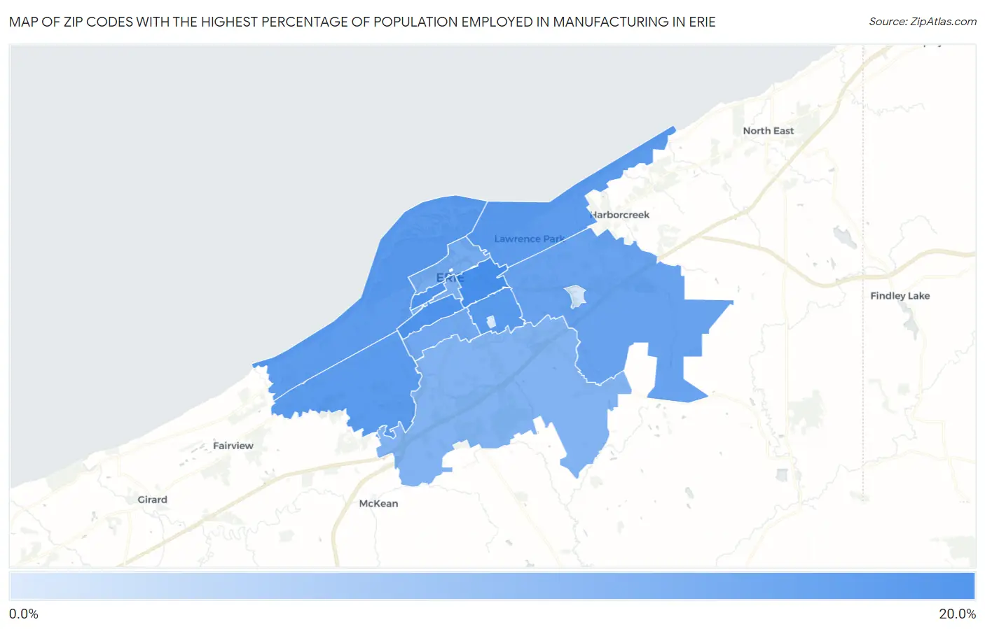 Zip Codes with the Highest Percentage of Population Employed in Manufacturing in Erie Map