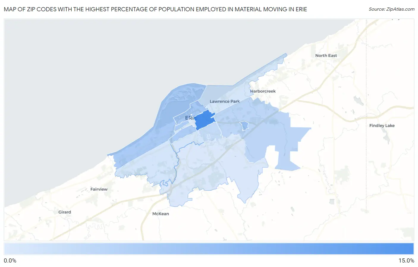 Zip Codes with the Highest Percentage of Population Employed in Material Moving in Erie Map