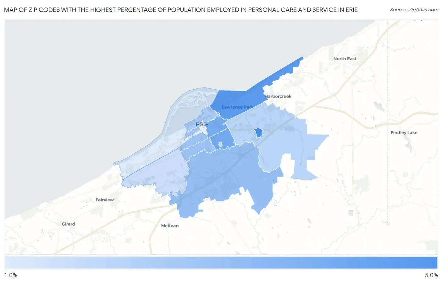 Zip Codes with the Highest Percentage of Population Employed in Personal Care and Service in Erie Map