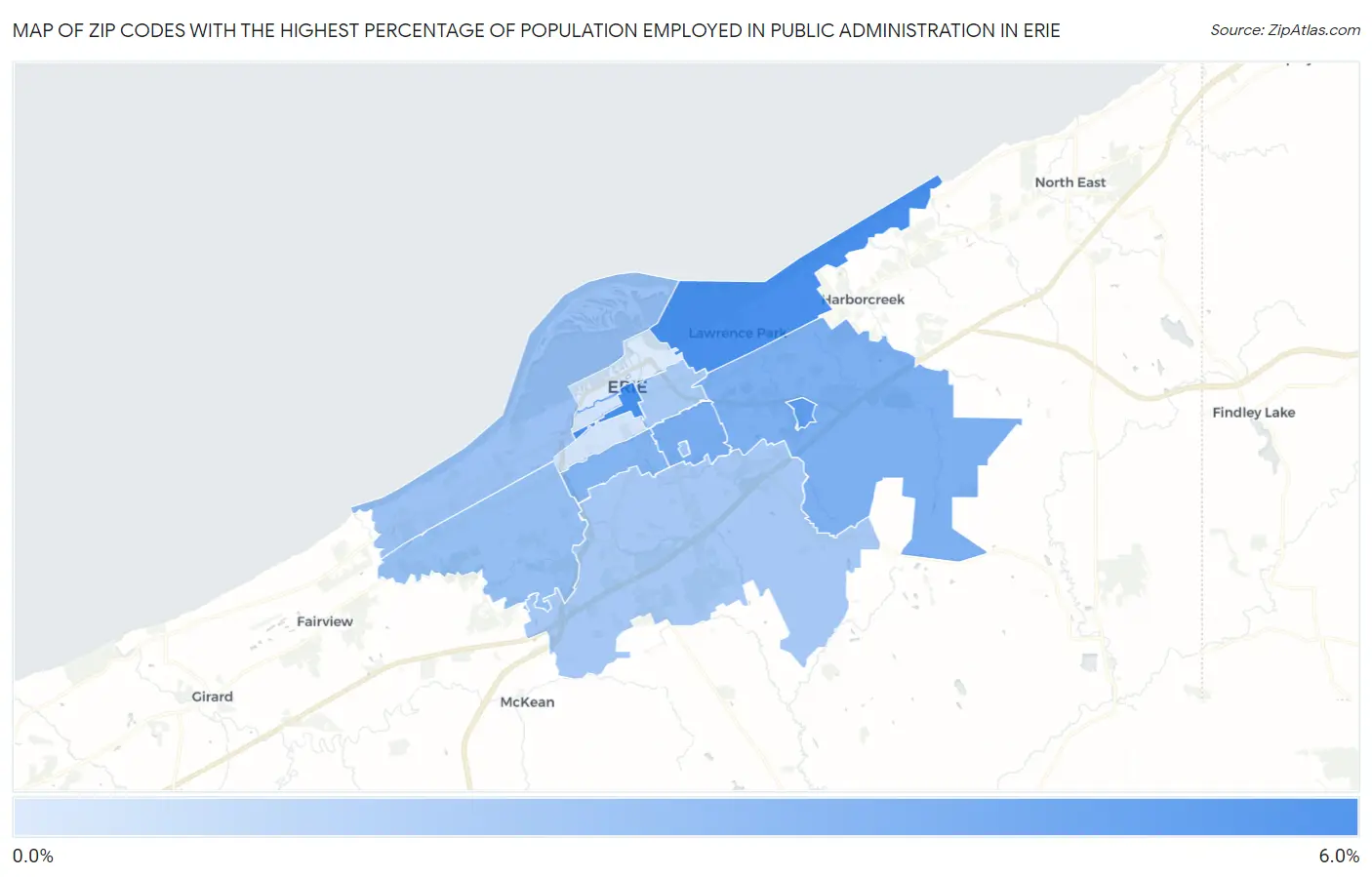 Zip Codes with the Highest Percentage of Population Employed in Public Administration in Erie Map