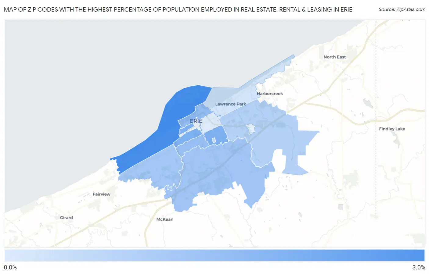 Zip Codes with the Highest Percentage of Population Employed in Real Estate, Rental & Leasing in Erie Map