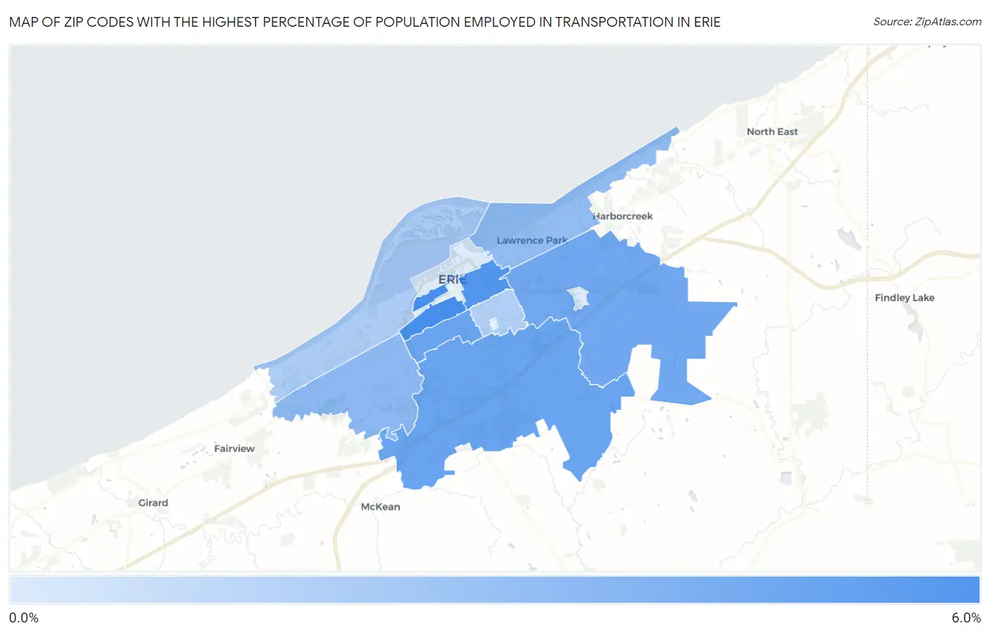 Zip Codes with the Highest Percentage of Population Employed in Transportation in Erie Map